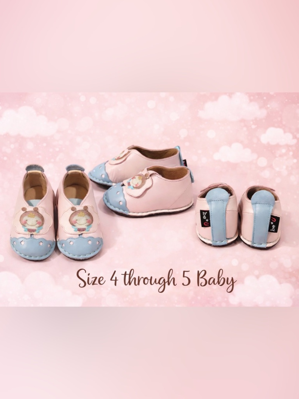 Baby Girls Pink & Light Blue Soft Leather Shoes Size 4/5 Butterfly Design